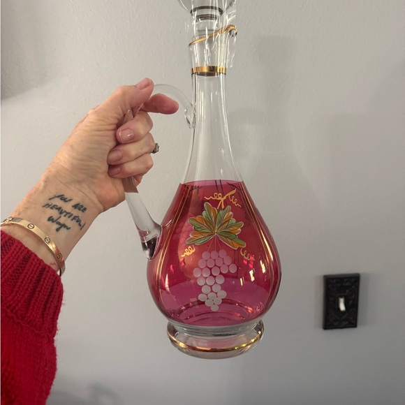 Other - Vintage Hand-Painted Glass cranberry Decanter with Grape Design